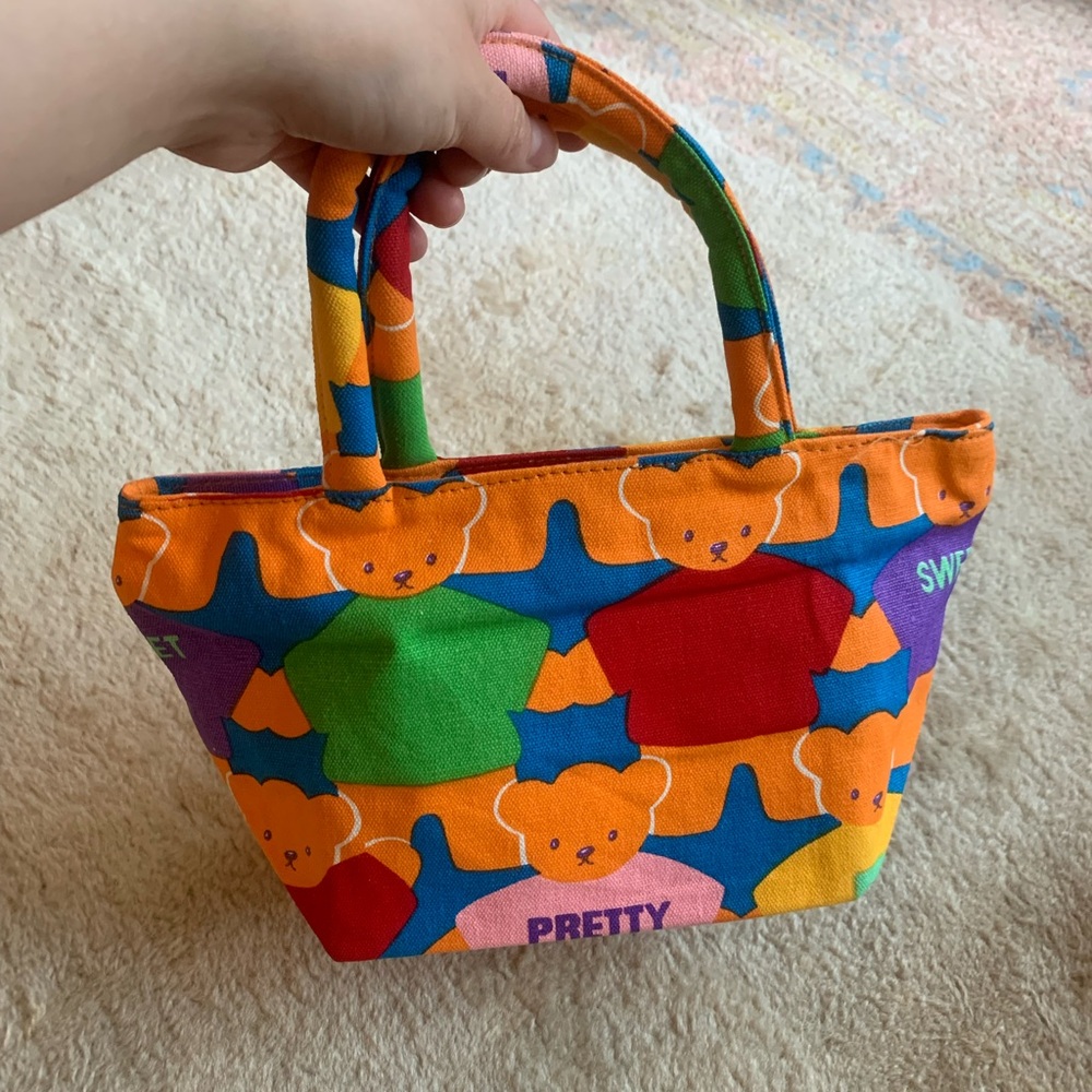 RARE Vintage Mini Handbag Cotton from Japan Colourful Teddybear Print Zipper